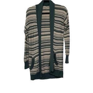 Rubbish XS Long Sweater Cardigan Stripes Grey Cream Granny Open Closure Pockets